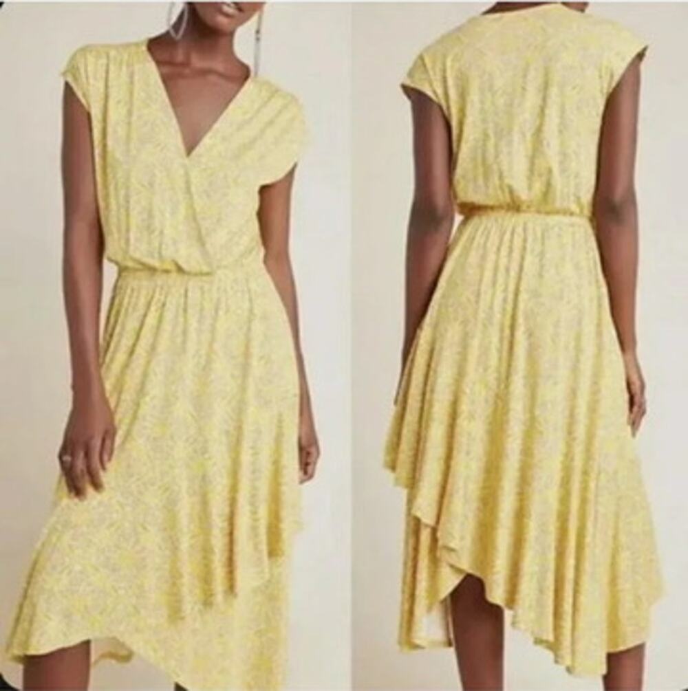 Maeve Anthropologie Fete Faux Wap Dress Sz L Midi Hi Low Yellow